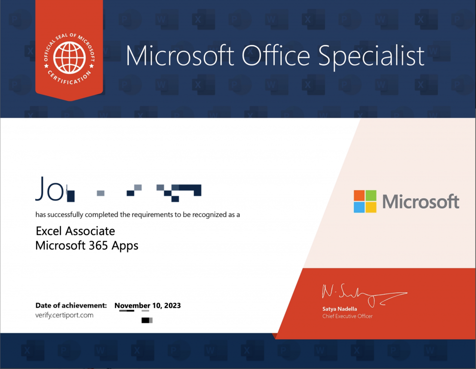 Microsoft Office Specialist Certificate sample